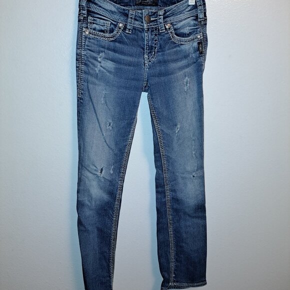 Silver SUKI 17" Distressed With Embroidered Pockets Western Glove Works Jeans - Picture 3 of 12